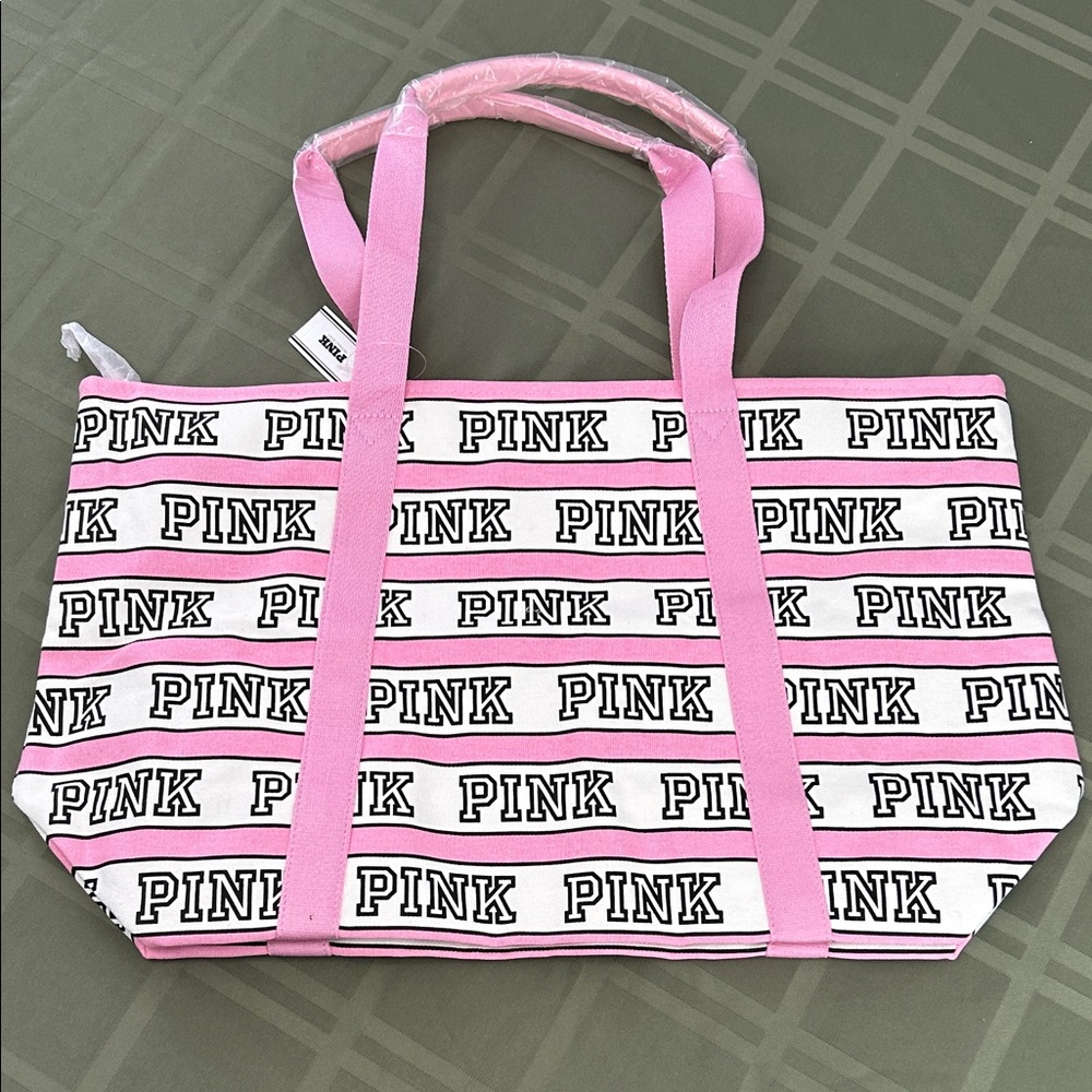 PINK VS 100% cotton striped Logo canvas Y2K Tote in Pink and White duffle bag